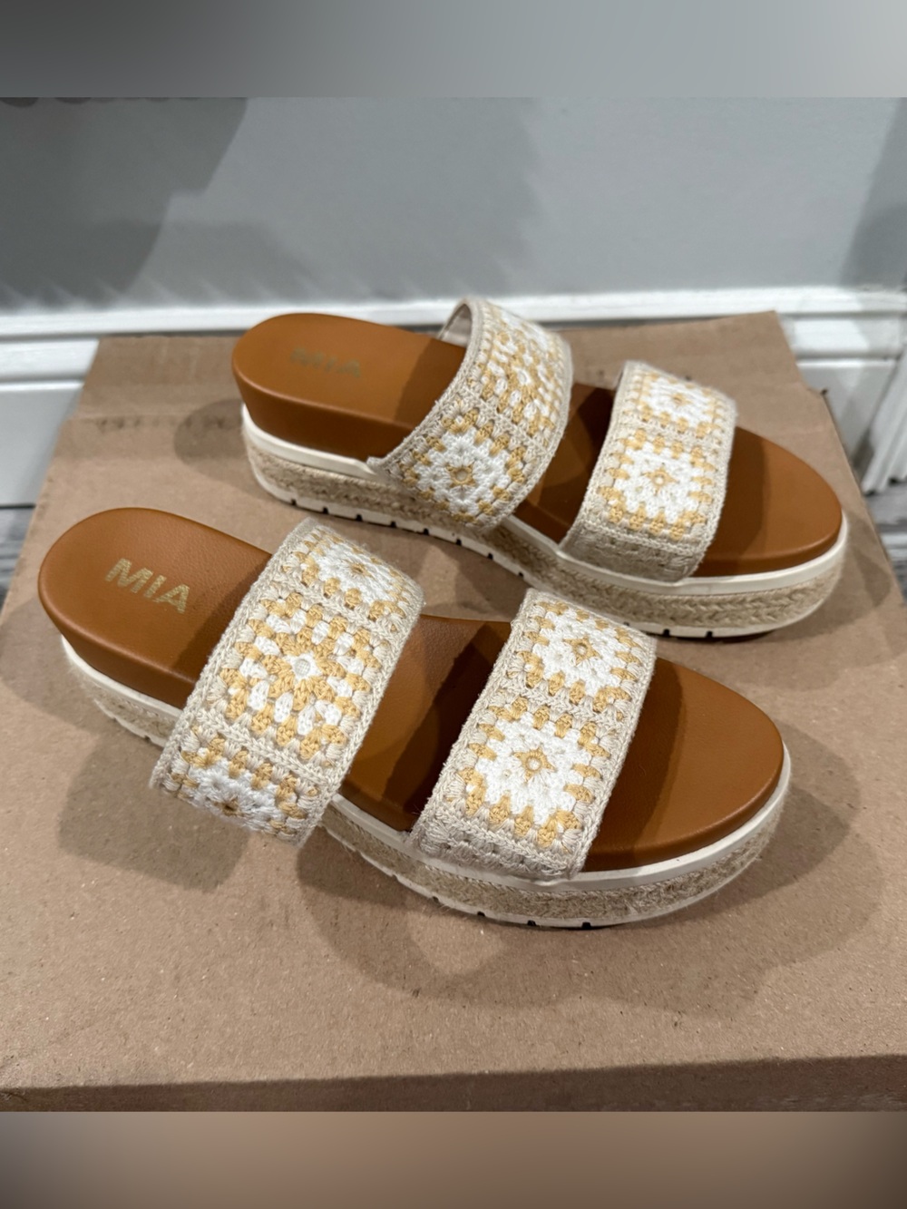 MIA Kristy crochet platform slide sandals in natural